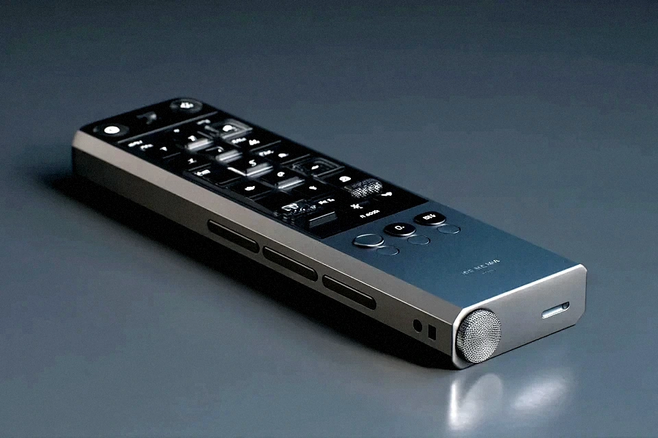 Isometric technical illustration of the titanium remote — backlit keyboard, thumb trackpad, USB-C.