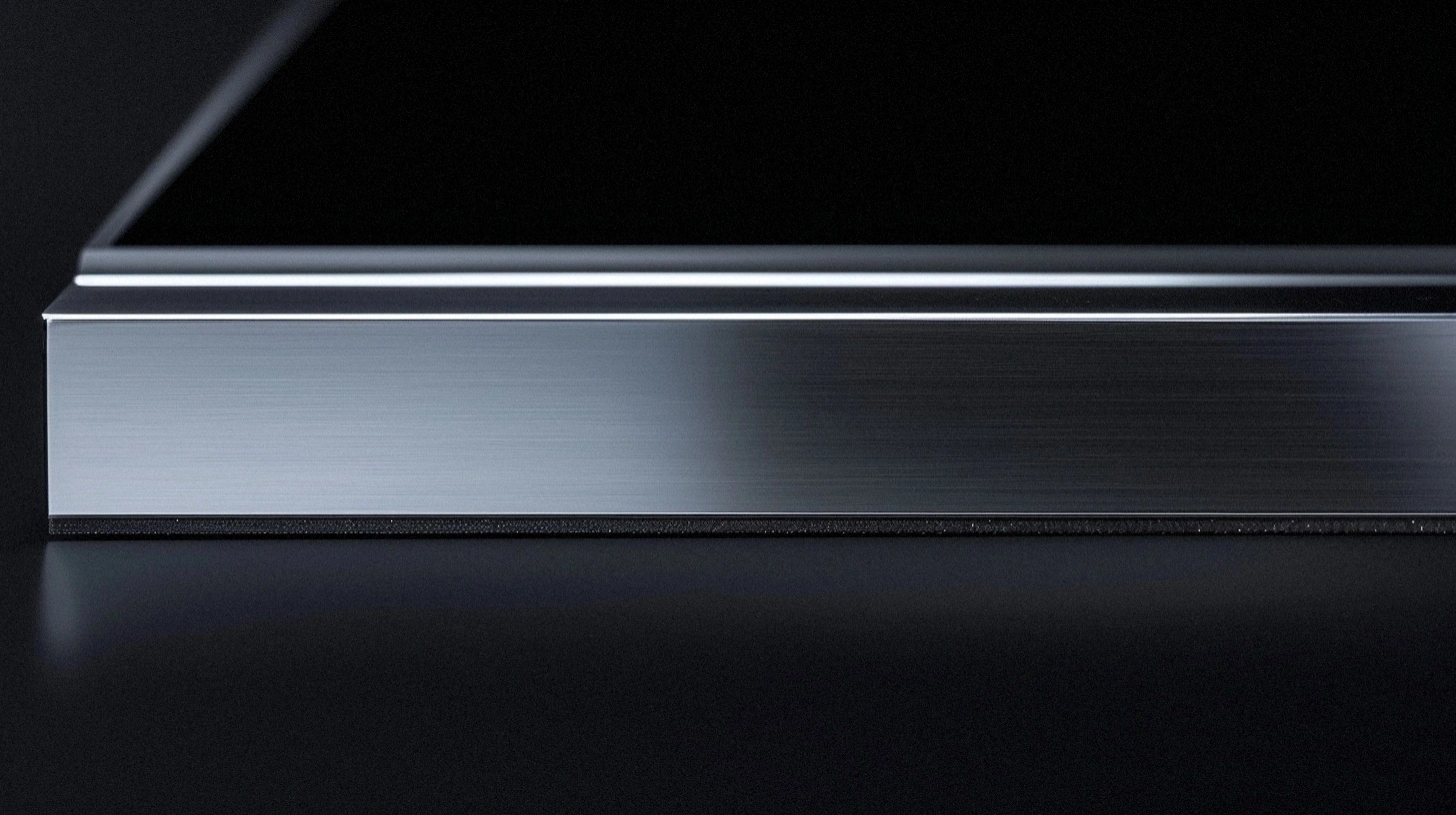 The thin machined titanium edge of the television, rim-lit against deep black.