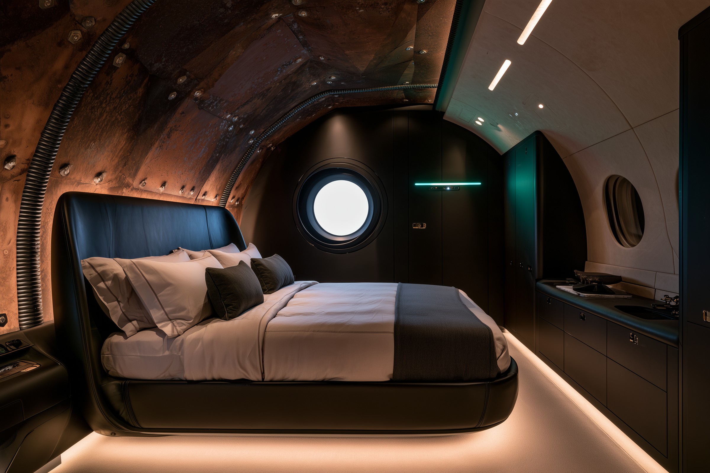 Private suite: A full-width upholstered headboard against a faceted steel wall, lit from the floor up.