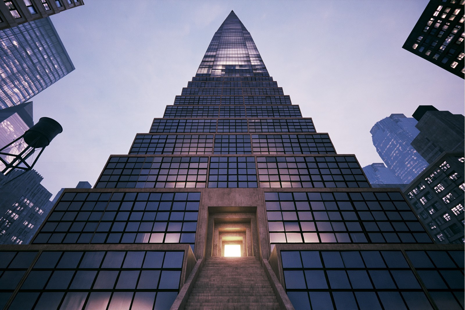 Temple Stack high rise — Stepped solar-clad tiers with a ceremonial stair
